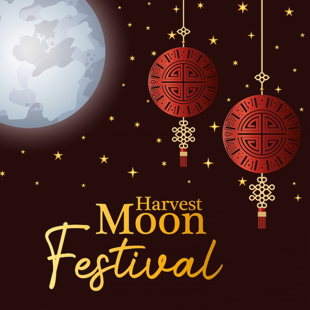 Premium Vector Harvest moon festival with red fortune hangers and stars