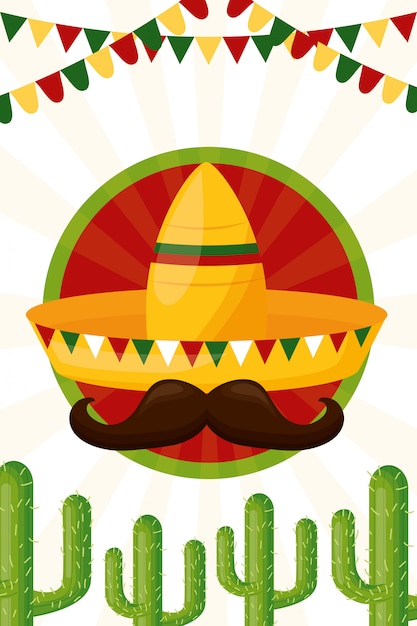 無料のベクター 帽子とサボテンのメキシコ文化 イラスト