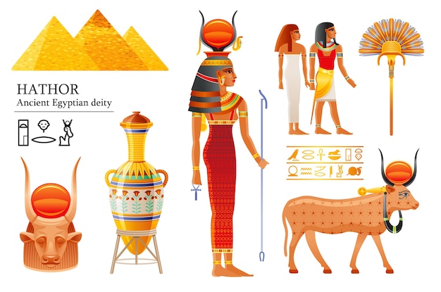 ハトホルエジプトの女神セット 太陽の神 牛の角 古代エジプトの神 プレミアムベクター