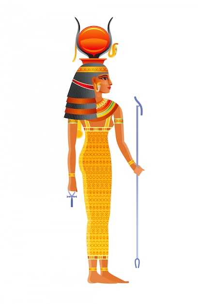 ハトホルエジプトの女神 太陽と空の神 牛の角 古代エジプトの神の図 プレミアムベクター