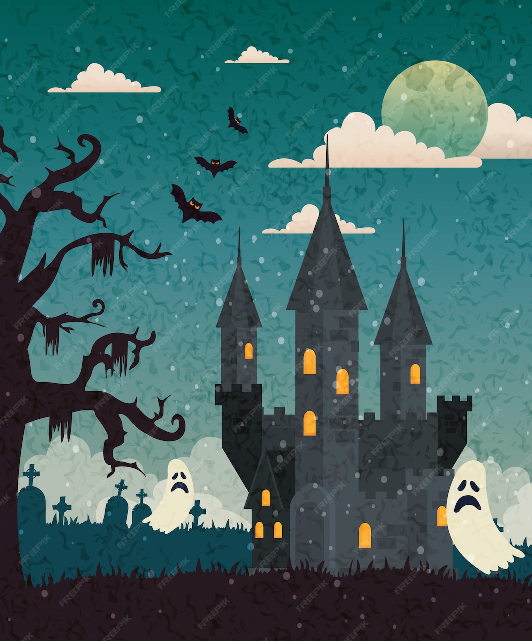 Free Vector | Haunted castle with cemetery and ghost in halloween scene