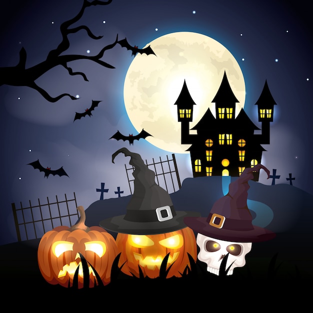 Premium Vector | Haunted castle with pumpkins in halloween scene ...