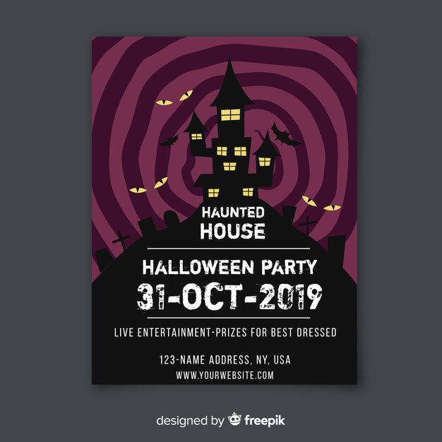 Free Vector Haunted House With Bats Halloween Flyer Template
