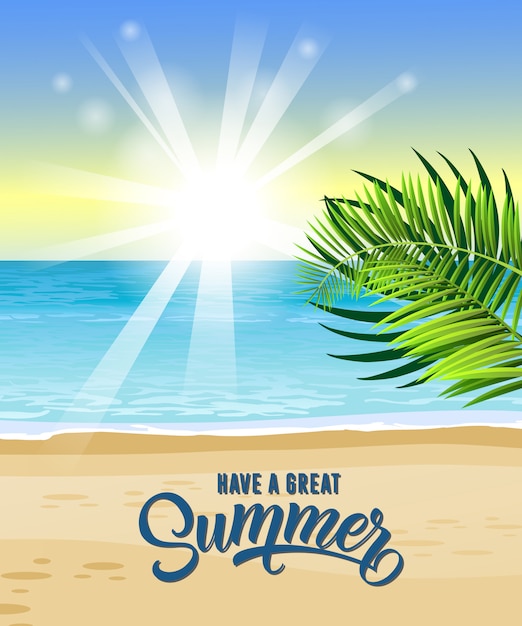 Have great summer greeting card with ocean,\
tropical leaves, beach and sunrise.