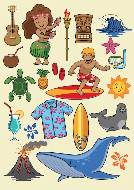 Hawaii Cartoon Set Premium Vector