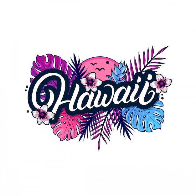 Premium Vector | Hawaii hand written lettering with palm and monstera ...