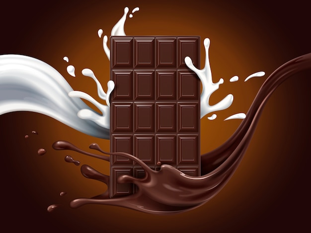 牛乳とココアの流れの要素 茶色の背景 イラストとヘーゼルナッツチョコレートの広告 プレミアムベクター
