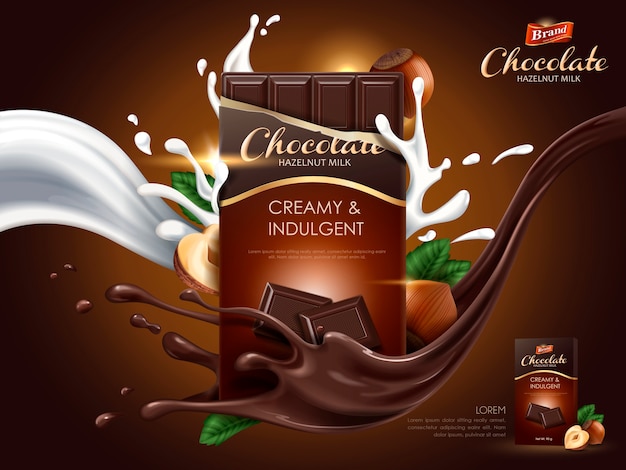 Premium Vector | Hazelnut chocolate ad with milk and cocoa flow ...