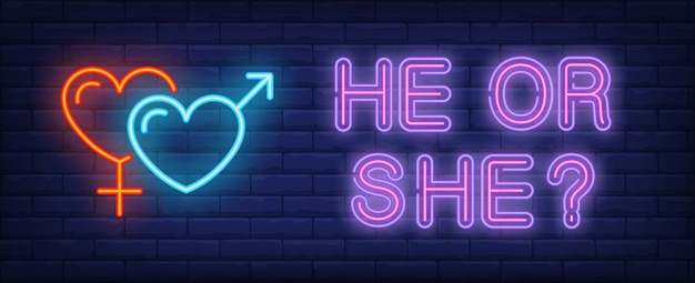 Free Vector He Or She Neon Text With Heart Shaped Gender Symbols