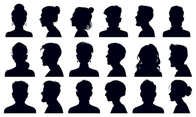 頭のシルエット 女性と男性の顔の肖像画 匿名の人の頭のシルエット プレミアムベクター