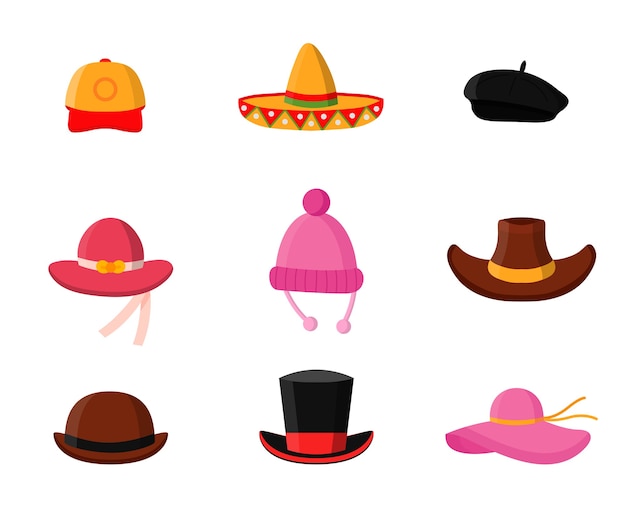 ヘッドドレスフラットイラストパック 男性と女性の帽子ショップ おしゃれなワードローブアクセサリー 野球帽 メキシコのソンブレロ スタイリッシュなベレー帽 パナマ カウボーイハット マジシャンシリンダー ボウラー プレミアムベクター