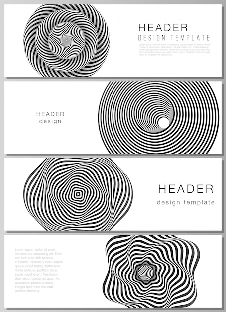 ヘッダー バナーデザインテンプレート 黒と白の錯視と幾何学的な抽象的な3 D プレミアムベクター