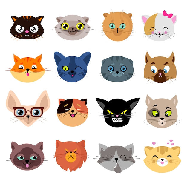 さまざまな感情を持つかわいい猫キャラクターの頭ベクトルを設定 プレミアムベクター