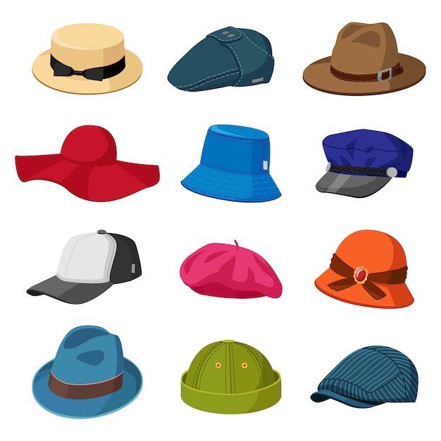 帽子の帽子 男性と女性のエレガントな帽子 モダンでレトロなキャップ スタイリッシュな帽子とキャップ ファッションアクセサリーイラストアイコンセット キャップやヘッドドレス おしゃれなヘッドギアいろいろ プレミアムベクター