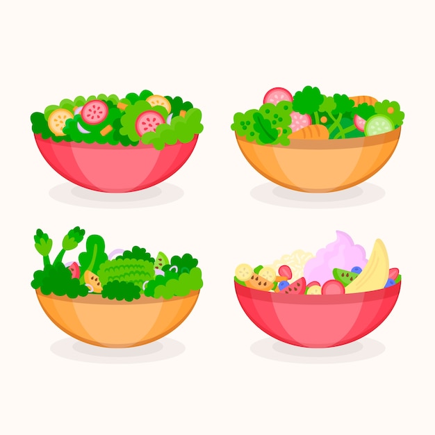 Healthy food in different coloured bowls | Free Vector