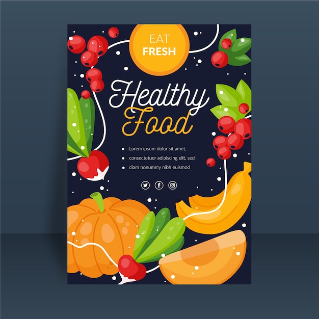 イラストの果物と野菜の健康食品ポスターテンプレート | 無料のベクター