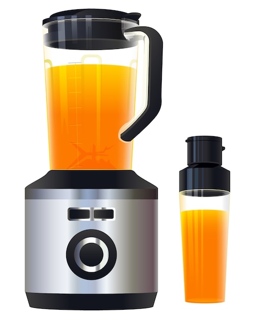 絞りたてのヘルシーなオレンジジュース ブレンダーミキサーのフードプロセッサとジュースのガラス プレミアムベクター