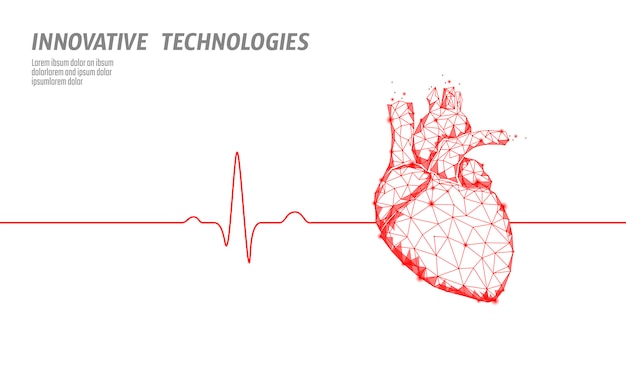 Healthy human heart beats 3d medicine model low poly. triangle connected dots glow point red. pulse 