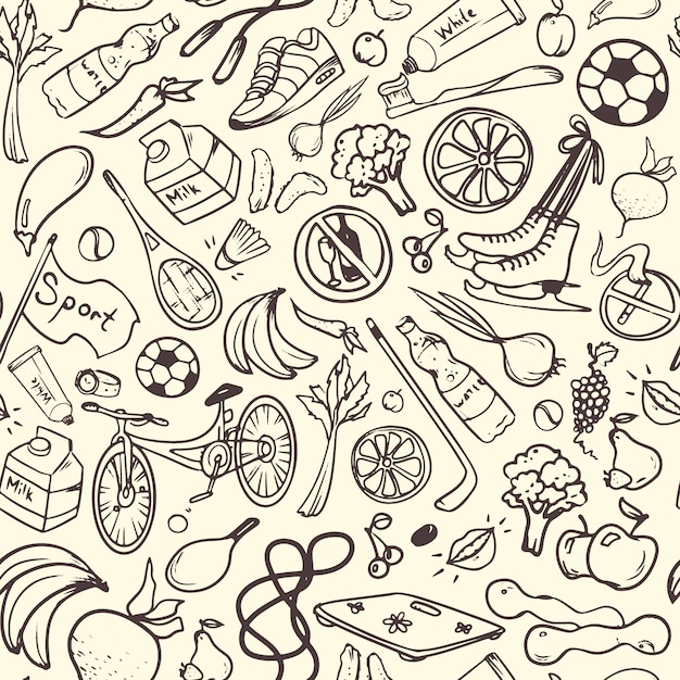 健康的なライフスタイルのシームレスなパターン 手描きのフィットネス スポーツ 果物 野菜のシンボルとモノクロの背景 落書きイラスト プレミアムベクター