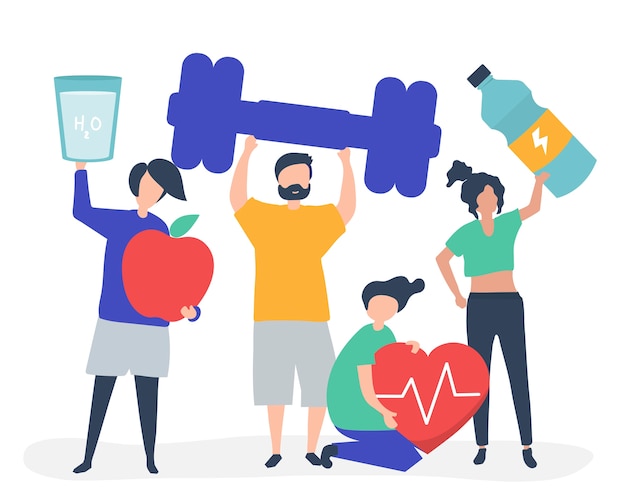 Healthy people carrying different icons Free Vector