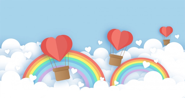 空のハート風船とバレンタインのイラストの紙のカットとクラフトスタイルの虹 プレミアムベクター