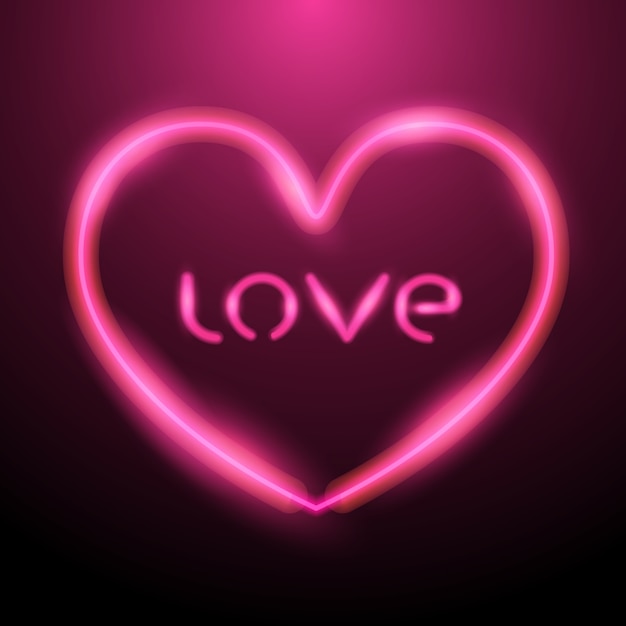 ピンクのネオンの光と文字の愛の心のデザイン プレミアムベクター