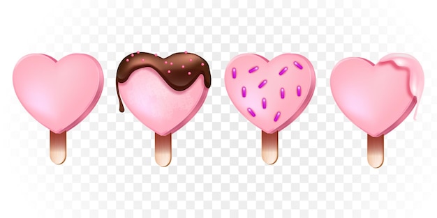 木の棒にピンクのアイスクリーム チョコレートの釉薬をかけたハート型のアイスキャンディーのロマンチックなコレクション 透明な背景に3d冷たいデザートで設定されたバレンタインデーの愛 ハート型のアイスキャンディー プレミアムベクター
