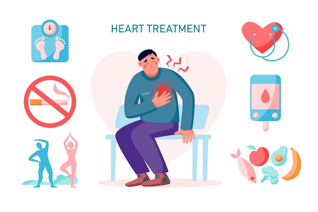 心臓治療の心臓血管の問題 人と心臓の痛みのインフォグラフィック 健康的なライフスタイルのコンセプト ベクトルフラットイラスト 体重計 心臓 運動 食品 糖尿病管理 プレミアムベクター
