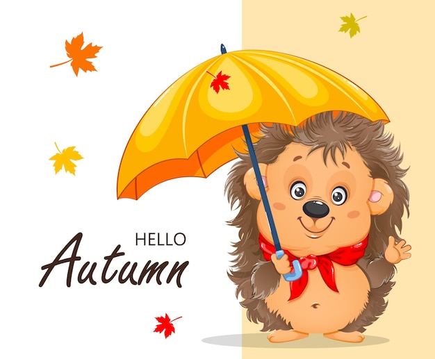 こんにちは秋かわいい漫画のハリネズミ傘と面白い漫画のキャラクターのハリネズミ プレミアムベクター