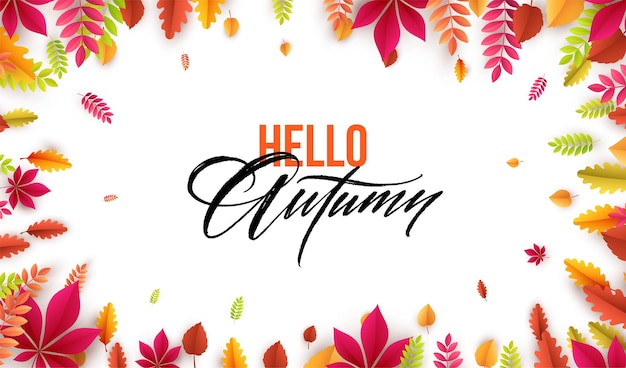  Hello autumn. different colored autumn leaves background. vector illustration eps10