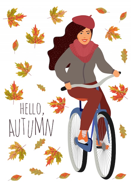 プレミアムベクター こんにちは 秋 落下のカエデとオークの葉に対して自転車に乗る少女 かわいいベクターの手描き漫画イラスト
