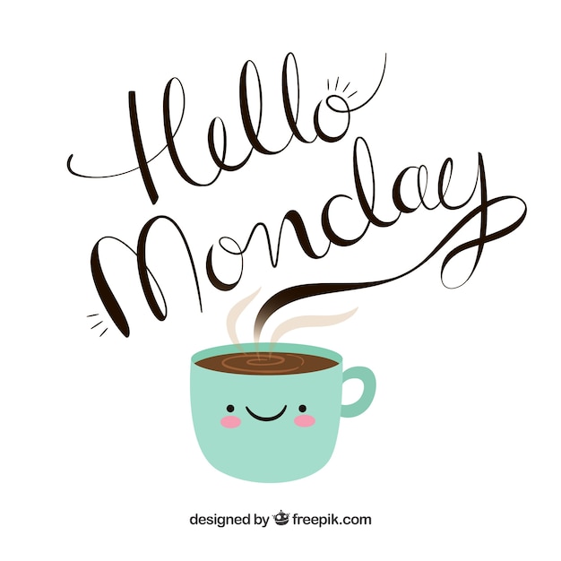 Hello monday, hand-drawn letters coming out of a cup of coffee Vector ...