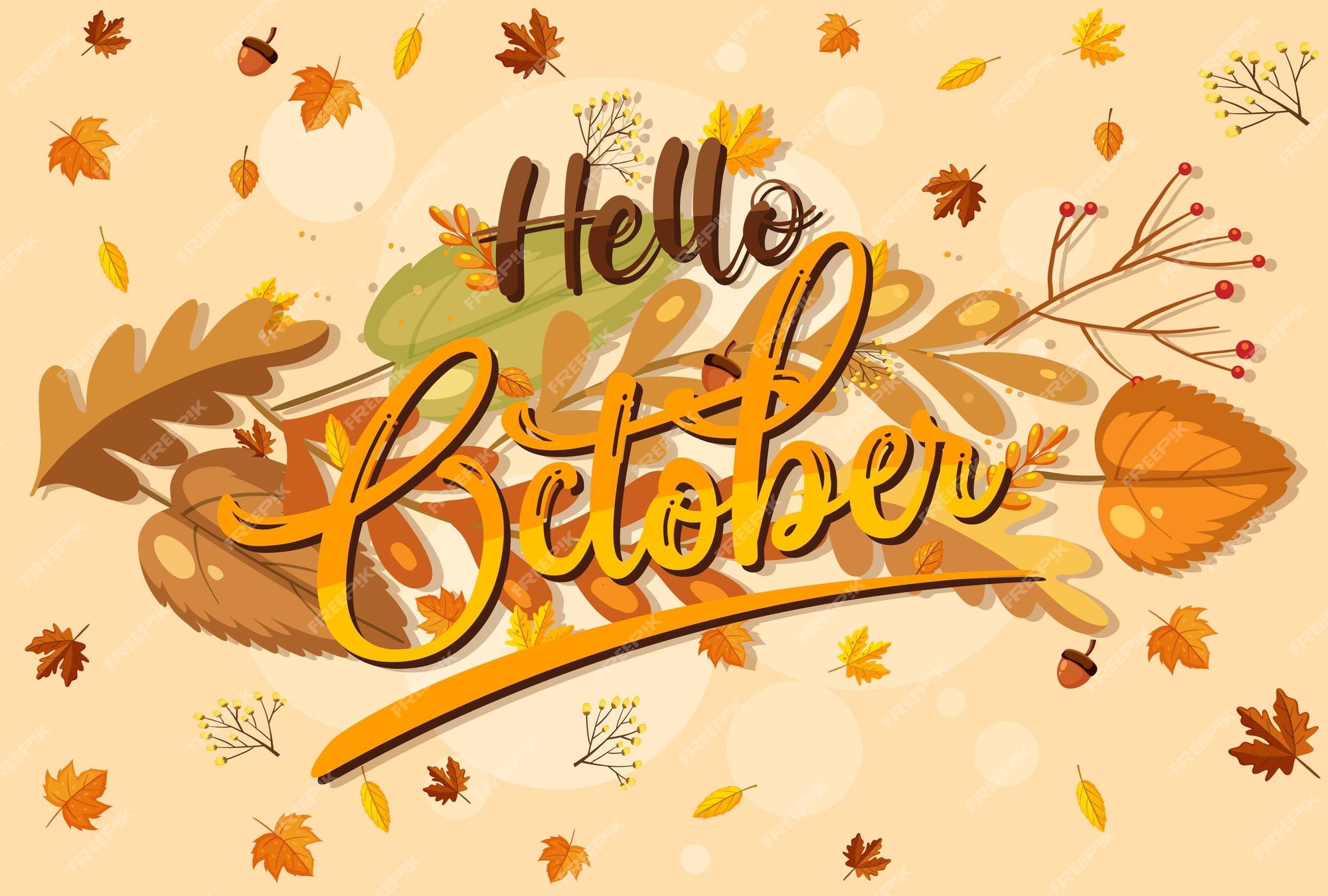 Premium Vector | Hello october logo with ornamental autumn leaf