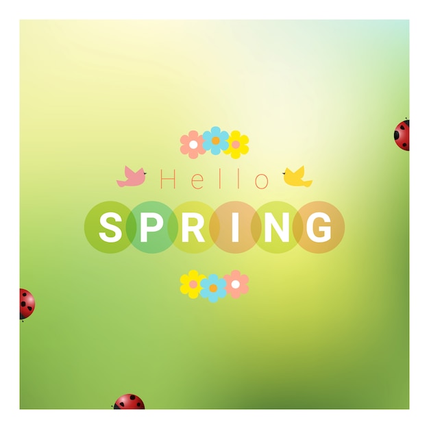 Hello spring background with colorful ladybugs Premium Vector