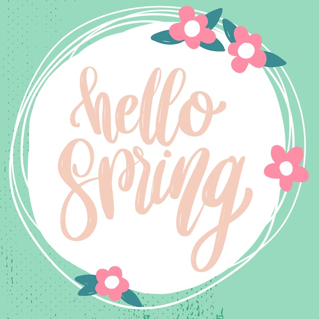 こんにちは春 花の装飾が付いているフレーズをレタリングします ポスター カード バナーの要素 図 プレミアムベクター