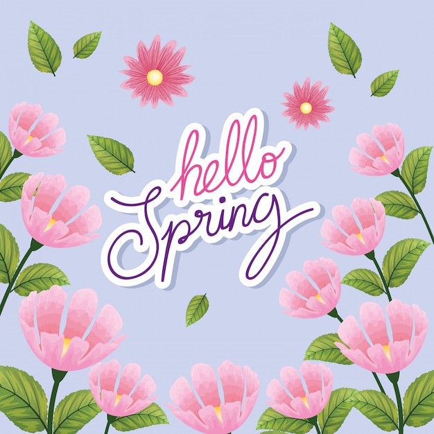 Premium Vector | Hello spring, lettering spring season with flowers ...