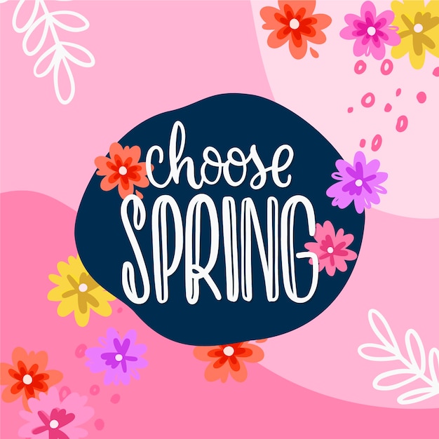 Hello spring lettering with colorful decoration Free Vector