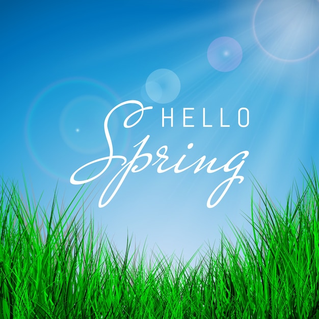 Premium Vector | Hello spring poster with green grass and blue sky