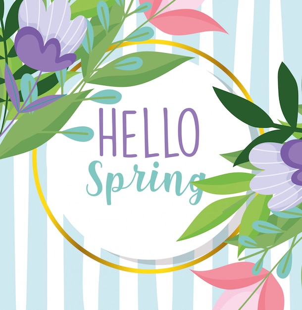 Premium Vector | Hello spring, purple flowers leaves frame striped ...