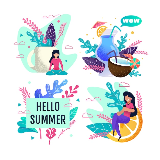 Premium Vector | Hello summer advertisement set with resting people