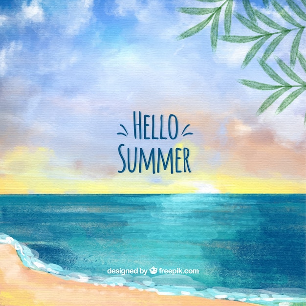 Hello summer background with beach view in\
watercolor style