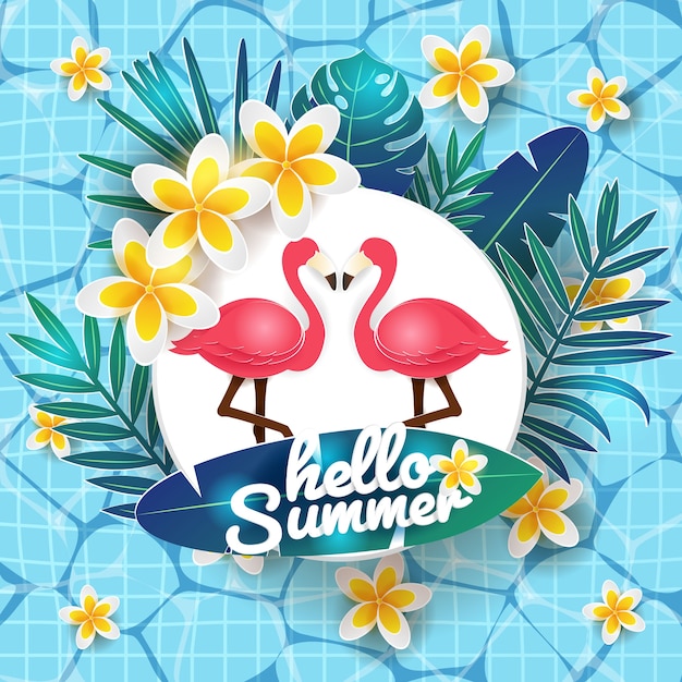 Premium Vector | Hello Summer Background With Flamingo, Leaves And ...