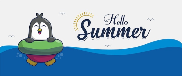 こんにちは夏のバナーと水泳ペンギンのイラストのキャラクターデザイン プレミアムベクター