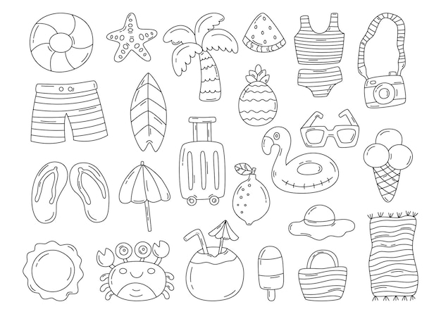 Premium Vector | Hello summer black and white line icons isolated on ...