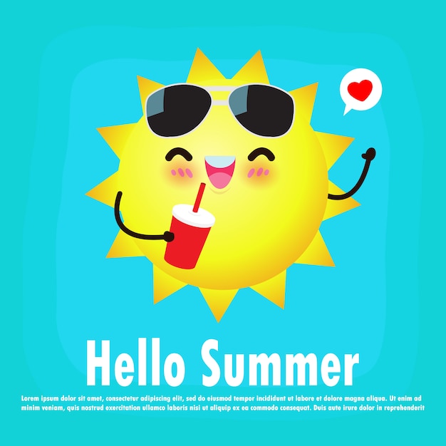 こんにちは夏かわいい太陽 夏のパーティー面白い漫画キャライラスト プレミアムベクター