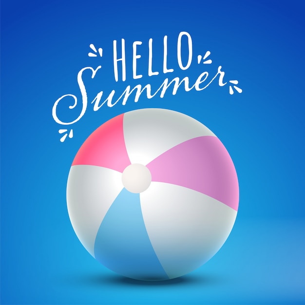 Download Hello summer font with 3d glossy beach ball on blue background. | Premium Vector