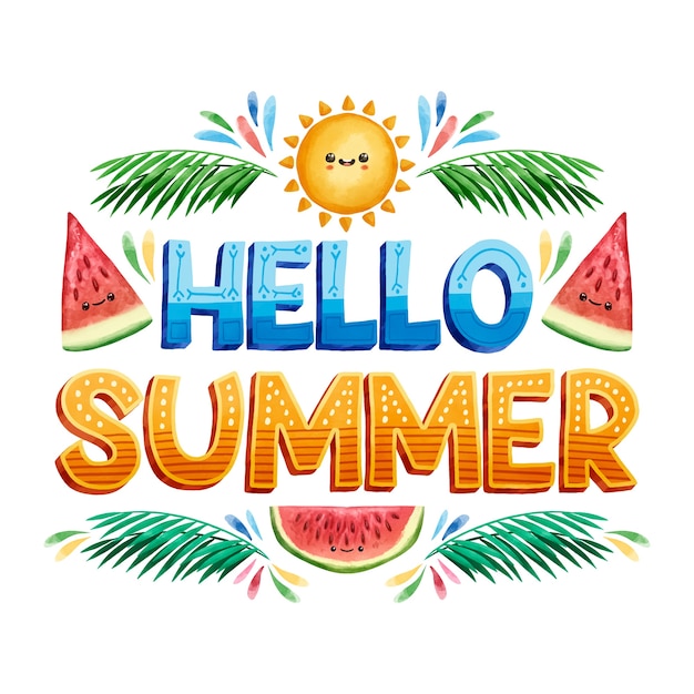 Download Hello summer lettering and slices of watermelon | Free Vector