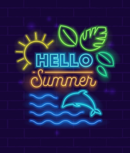 Premium Vector | Hello summer lettering with neon style glowing