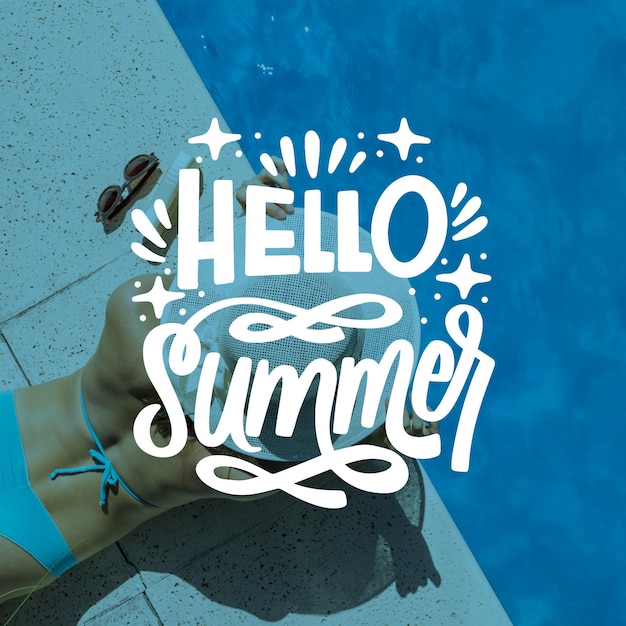 Hello summer lettering with woman by the pool | Free Vector