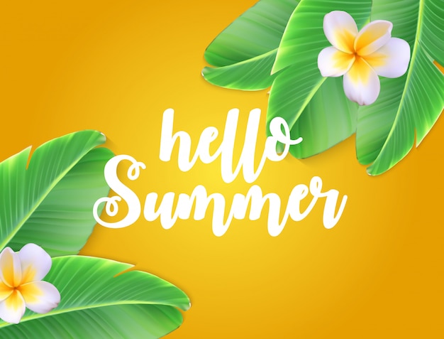 Hello summer natural floral background with frame Premium Vector